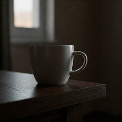 Obraz premium A white ceramic mug on a wooden table by the window.