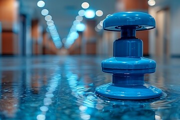 Blue device on wet floor, modern hallway