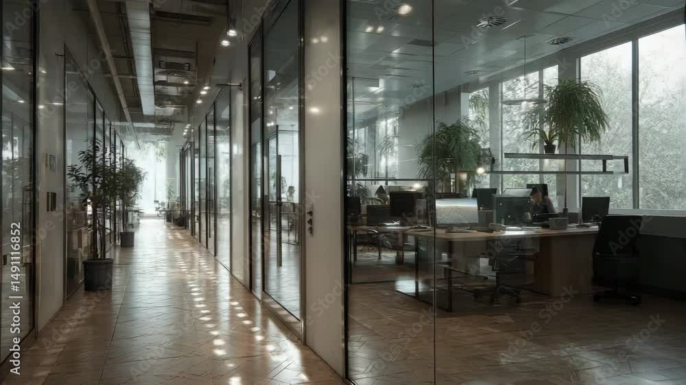 Poster modern office interior with smart technologies and motion sensors in a quiet and ambient environment