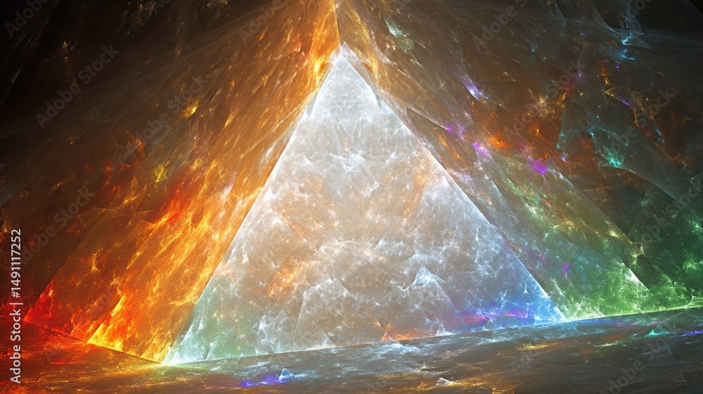 Poster Bright Iridescent Triangular Fractal Design on High Contrast Black Background