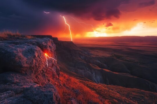 Dramatic sunset with lightning striking a rocky cliff, fiery landscape.