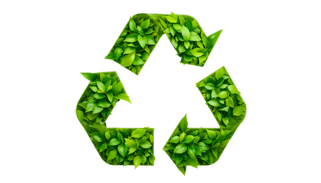 Recycled symbol composed of vibrant, fresh green leaves isolated on transparent background 