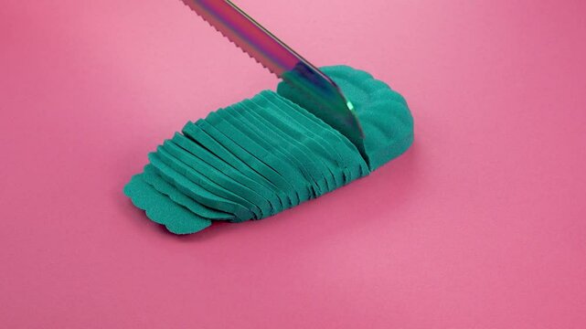 Very Satisfying and Relaxing Kinetic Sand ASMR video. Cutting anti stress macro close up colorful Kinetic Sand with a Knife. ASMR sounds.