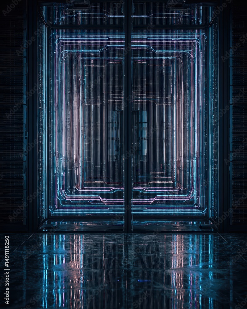 Poster cyberpunk aesthetic in a modern data center with glowing lights and reflective surfaces