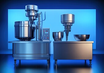 High-tech stainless-steel industrial mixer with bowls, controls, and blue backdrop.