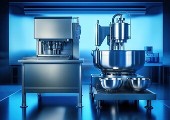 High-tech stainless-steel industrial mixer with bowls, controls, and blue backdrop.