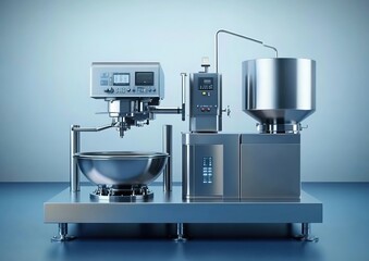 High-tech stainless-steel industrial mixer with bowls, controls, and blue backdrop.