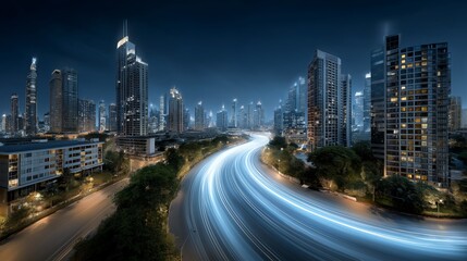 smart city with curved street glowing in blue and orange trails symbolizing digital infrastructure, fast data and urban night motion, Generative AI