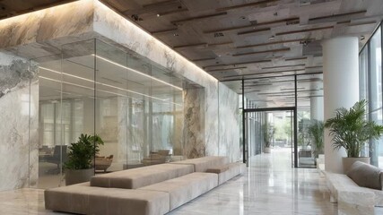 Modern Law Firm Entrance with Marble Floors and Branded Glass Partitions in a Contemporary Setting