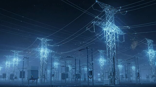 Illuminated Power Lines at Electrical Substation at Night