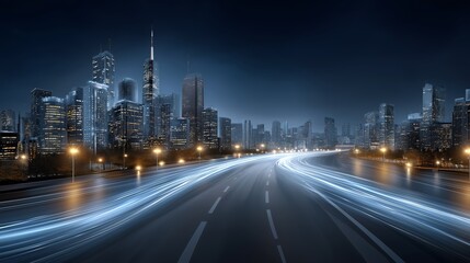 Obraz premium Futuristic city skyline at night with glowing light trails showing urban movement, city speed and smart infrastructure design, Generative AI