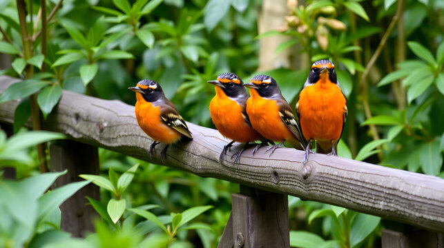 Vibrant orange-breasted babblers perch on rustic wooden railing amidst lush green foliage, showcasing their distinctive plumage and social behavior in their natural habitat.
