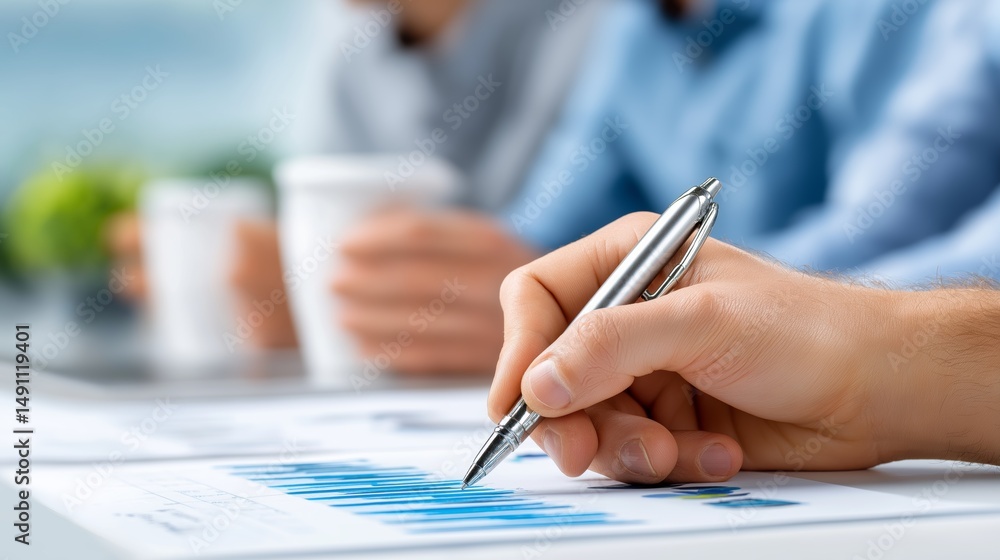 Poster close-up of hand writing with pen on business chart during financial planning and data analysis sess