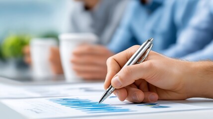 Close-up of hand writing with pen on business chart during financial planning and data analysis session in office meeting, Generative AI