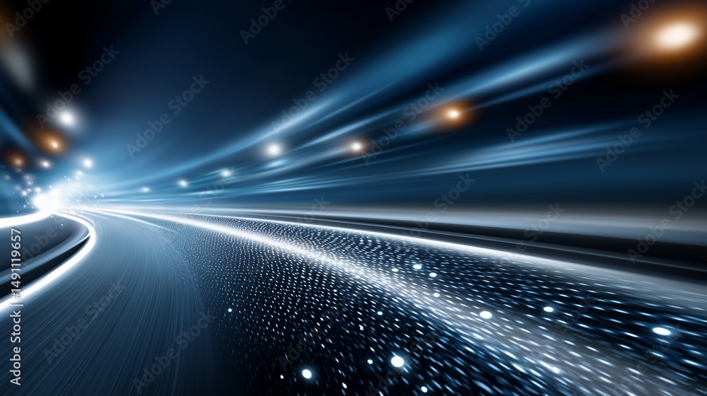 Poster curved futuristic road at night with glowing digital light trails symbolizing high-speed data, motio