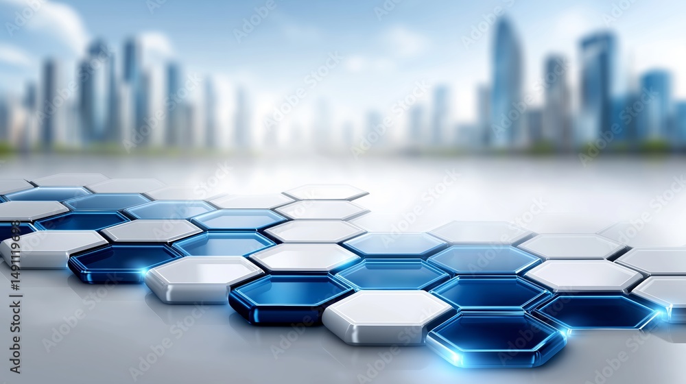 Poster Blue hexagonal surface in front of a smart city skyline representing futuristic urban planning, clean tech and modern architectural concepts, Generative AI