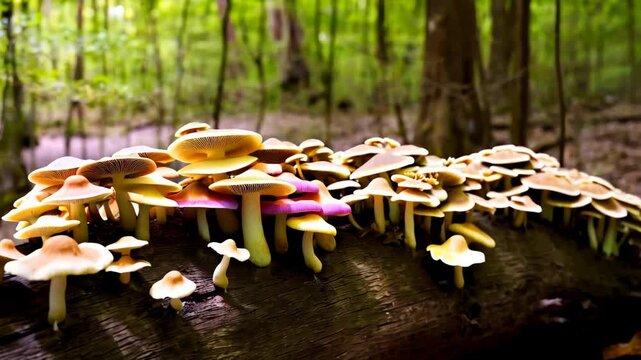 Cluster of mushrooms growing on a fallen log in a forest, displaying assorted earthy and pale hues against a lush green background.