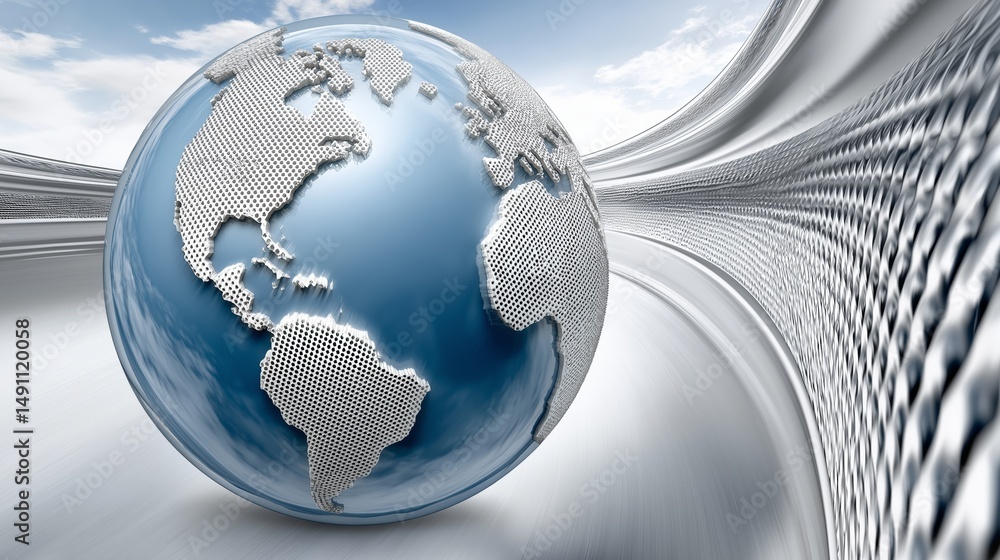Poster metallic 3d earth with digital continents on smooth curved platform symbolizing modern geography, cl