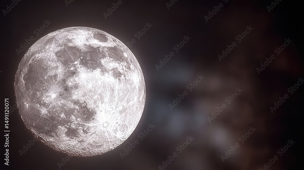 Poster bright full moon shining against a dark sky with scattered clouds in the background
