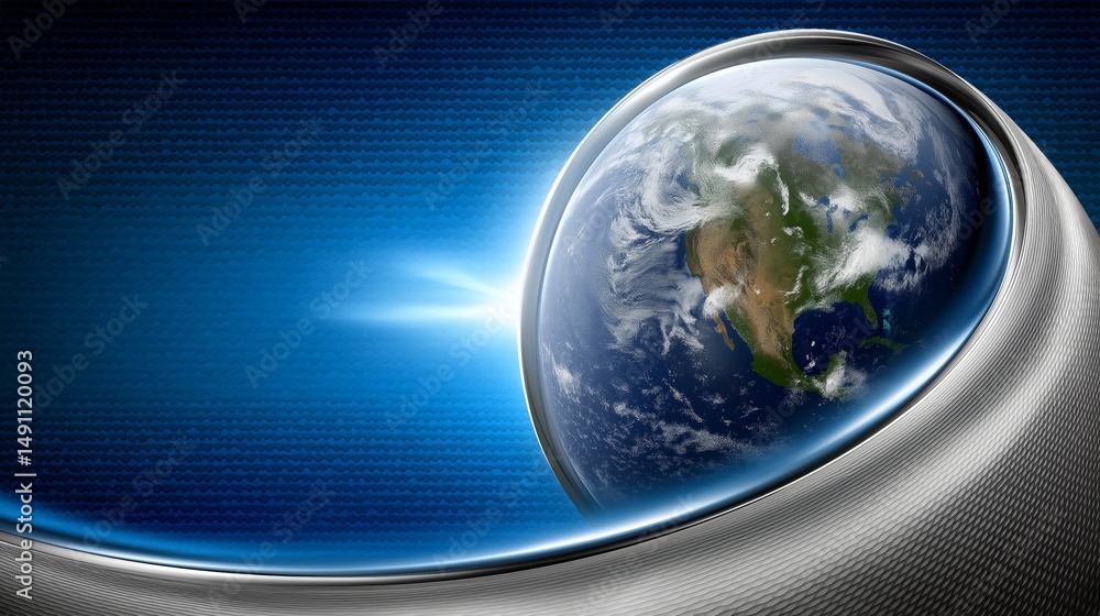 Poster earth floating in digital wrap against blue space background representing global vision, clean tech 