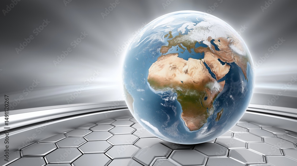 Aufkleber realistic digital earth standing on a futuristic ring platform with light rays symbolizing innovatio