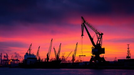 Fototapeta premium Silhouette of Crane and Cargo Ship at Dockyard During Sunset