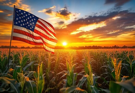 A cornfield at sunset with the American flag waving under a colorful cloudy sky.