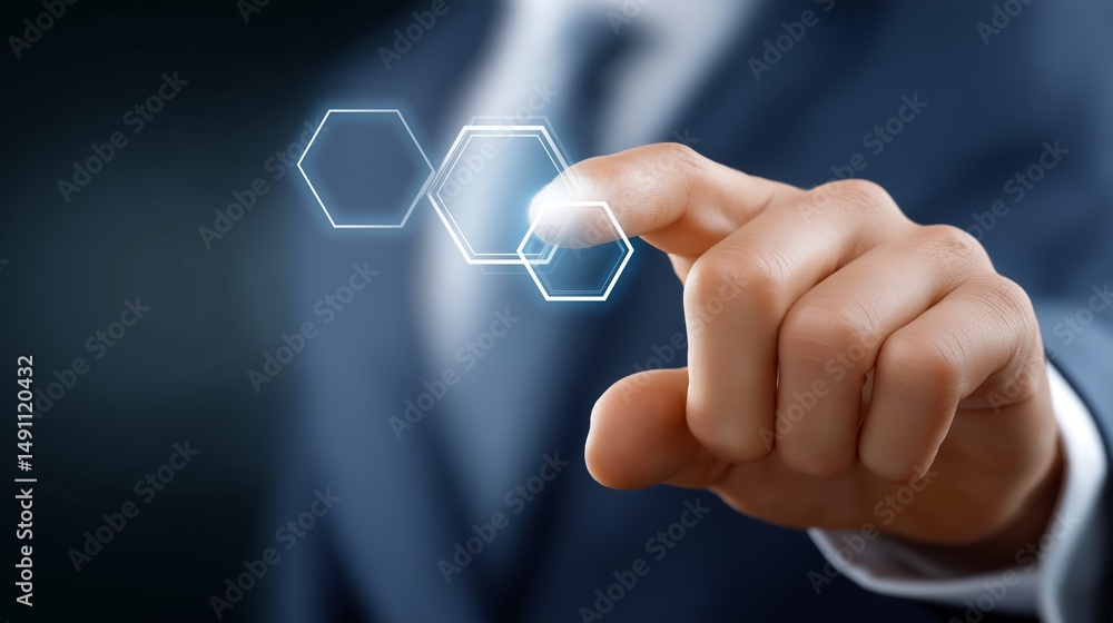 Poster Businessman interacts with futuristic glowing hexagonal interface representing innovation, smart control and digital technology access, Generative AI
