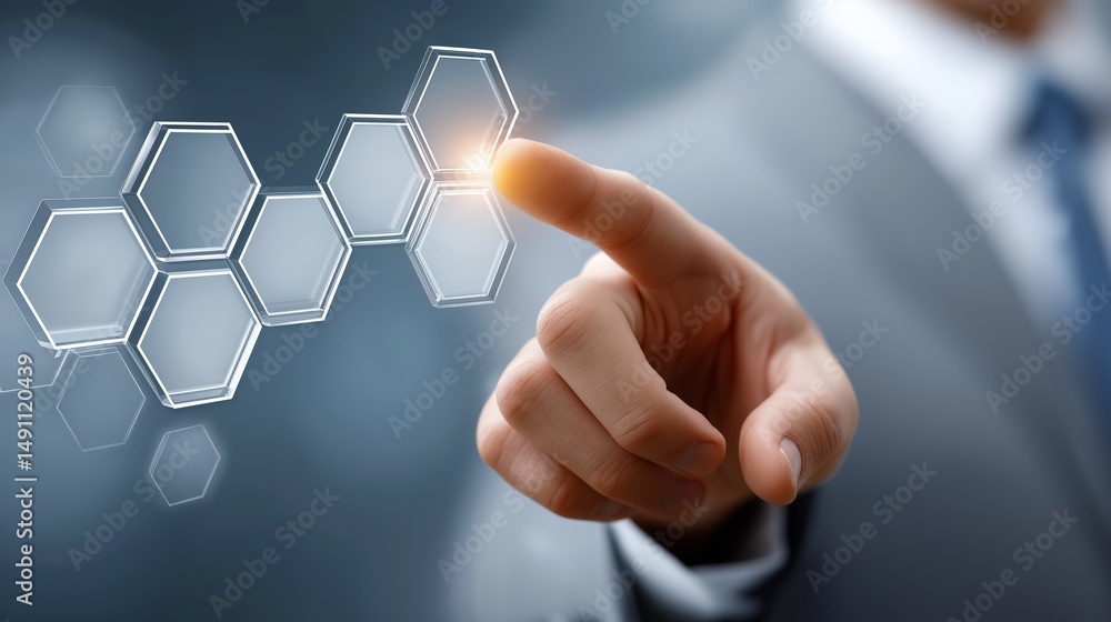 Poster Businessman interacts with futuristic glowing hexagonal interface representing innovation, smart control and digital technology access, Generative AI