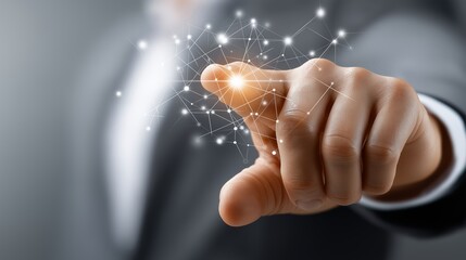 Businessman’s finger touches glowing digital network interface representing smart connection, data access and technological control, Generative AI