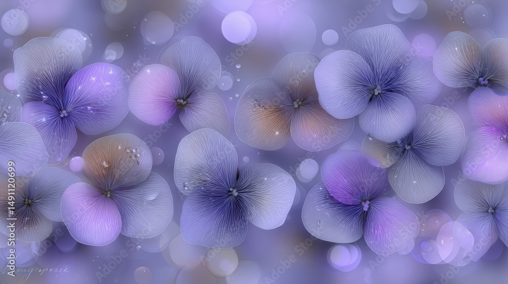 Poster beautiful seamless pattern of hydrangea flowers with glittering raindrops in soft light