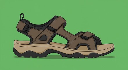 Illustration of outdoor sandal footwear, adaptable, comfortable, on green background