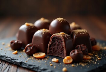 rich dark chocolate pieces exquisite gourmet treats slate backdrop luxurious indulgent dessert food, cocoa, candy, slice, baking, brown, confection, snack