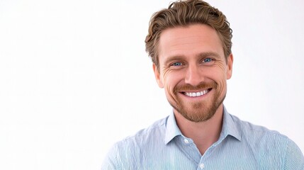 Fototapeta premium Smiling Man Hosting Video Conference with White Background