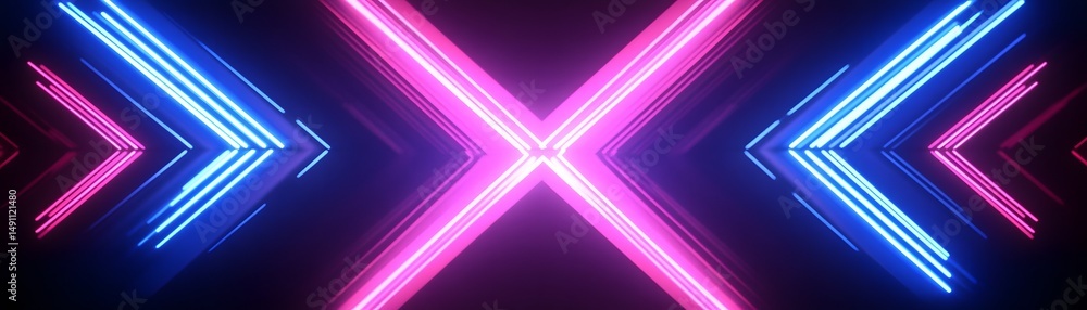 Poster abstract neon light design with intersecting arrows.