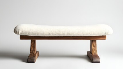 Simple, modern wooden bench with cream-colored seat.