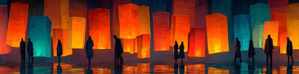 Illuminated Celebration: Vibrant and colorful lanterns light up the night, creating a festive and awe-inspiring atmosphere. A serene gathering of silhouettes below suggests the magic of the moment.