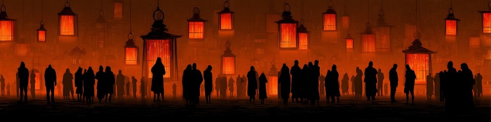 Silhouettes of Hope: A poignant image of numerous silhouetted figures standing amidst a sea of glowing lanterns, creating a powerful and symbolic representation of community, remembrance.