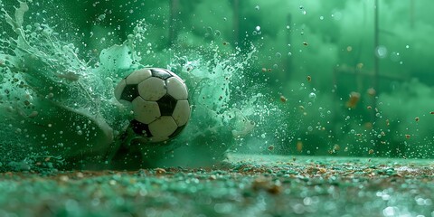 Naklejka premium Soccer ball splashing in green liquid