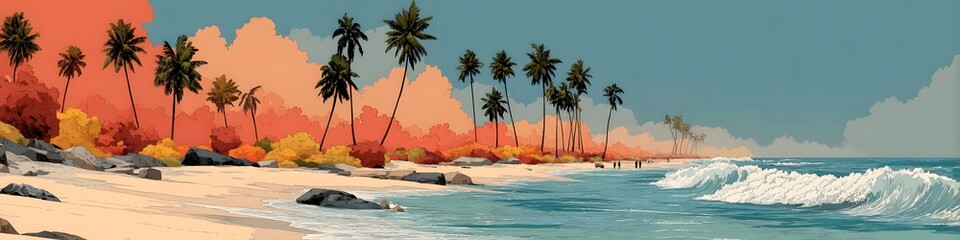 Coastal Paradise: A captivating illustration of a tropical beach with swaying palm trees, soft sand, and gentle waves, showcasing a tranquil scene under a vibrant sky.