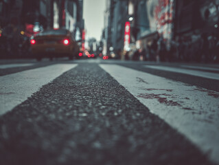 Urban Cityscape Nighttime Traffic with Neon Lights and Taxis on Crosswalk - Street Photography of a Colorful Metropolis