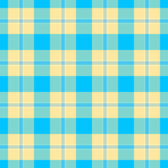 Advertisement check plaid textile, outfit texture vector background. Quality pattern fabric seamless tartan in teal and yellow colors.