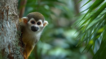 Fototapeta premium Adorable squirrel monkey portrait peeking from tree trunk in rainforest wildlife photography close up view