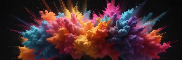 Fototapeta premium Kaleidoscopic cloud of colored powder erupts in a dynamic explosion against a deep black canvas , vivid, powder
