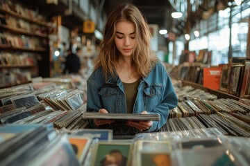 Young woman exploring the vibrant world of vinyl records in a busy store