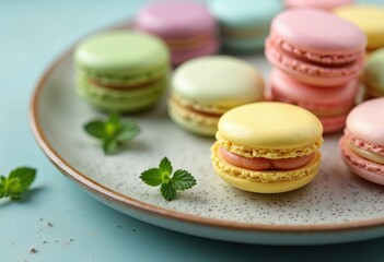 colorful macarons arranged textured plate charming dessert showcase sweet treats, food, cream, pastry, baking, sugar, confectionery, flavor, artisan