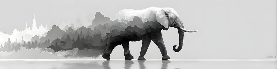 Elephant and Mountain Merge: An evocative grayscale artwork depicting an elephant walking across a serene expanse, seamlessly blending with a mountain range.