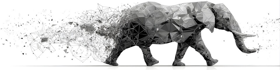 Vanishing Presence: A powerful elephant, rendered in a striking, geometric style, transitions into particles, conveying the concepts of environmental consciousness and animal endangerment.