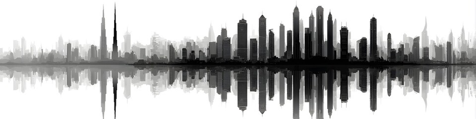 Cityscape Reflection: An artistic, minimalist rendering of a cityscape is mirrored in a calm, reflective surface, showcasing a serene visual representation.