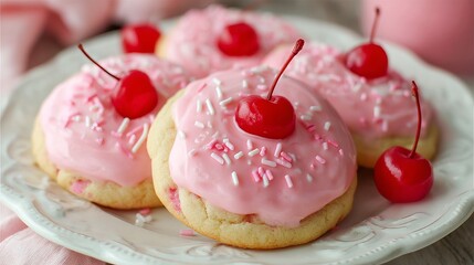 Pink frosted cookies with cherries recipe homemade dessert baking sweet treat party food delicious confectionery 100